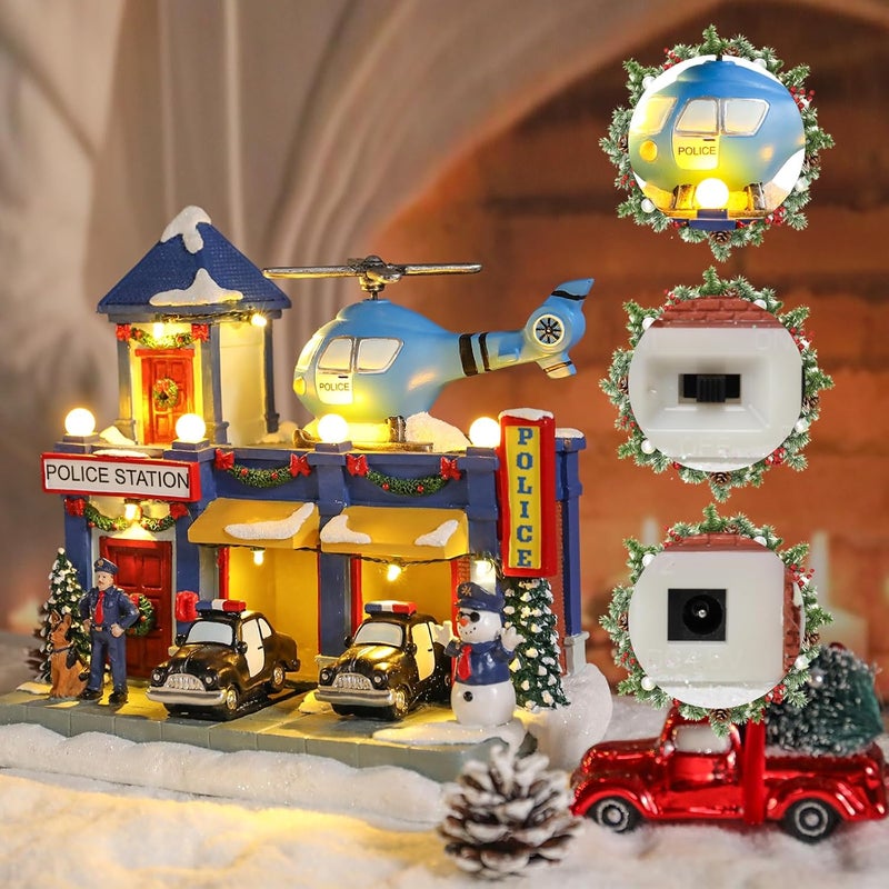 Vipush Christmas Village House Decorations Resin Police Station Home Decor Indoor Building Figurines Revolving Train with LED Light and 8 Christmas Music for Kids - Image 4